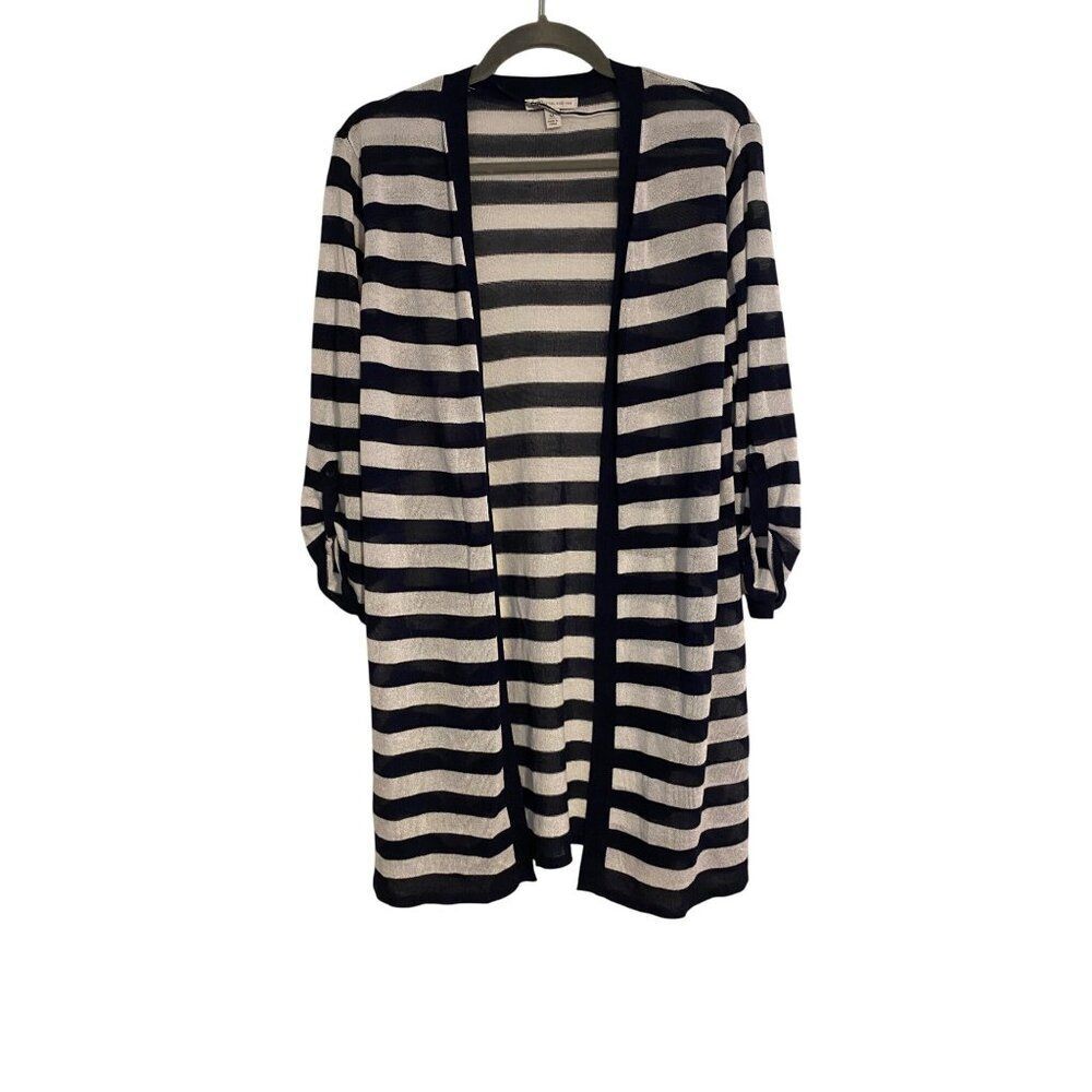 Cato Cardigan Women's M Navy White Striped Open Front 3/4 Sleeve Long Line Boho